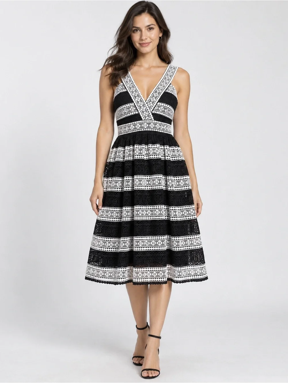 Kate Spade New York Black & White Lace Fit & Flare Midi Dress Size 8